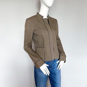 DKNY Made in Italy Linen Blend Olive Green Black Piping Short Stretch Blazer 4
